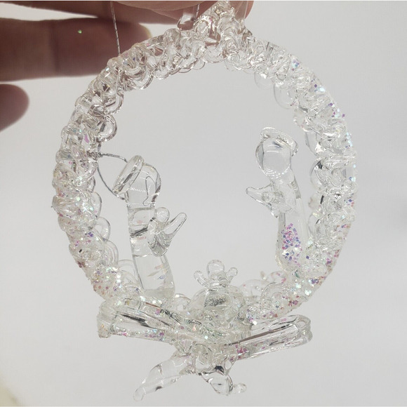 Vintage Silvestri Spun Glass Nativity Scene Mary Joseph & Jesus Ornament in Box - Picture 1 of 12